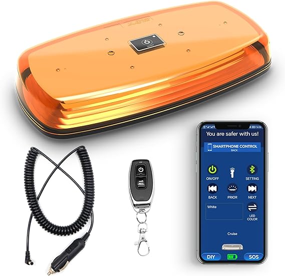 AgriEyes W12R APP Control Mini Strobe Light Bar Rechargeable, Magnetic LED Beacon Light Wireless-AMBER